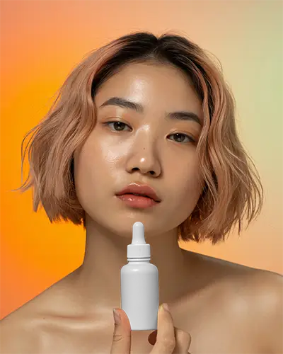 Skincare Dropper Bottle Mockup Held By Model Glowing Skin Background Studio
