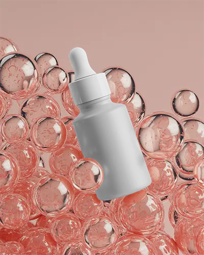Realistic Dropper Bottle Mockup With Transparent Bubbles For Beauty Product Branding