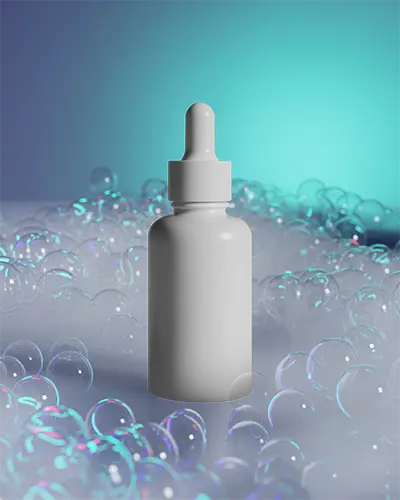 Realistic Dropper Bottle Mockup Presented On Foggy Surface With Transparent Bubble Decoration