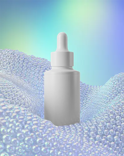 Realistic Dropper Bottle Mockup With Glossy Bubble Background For Luxury Skincare Branding