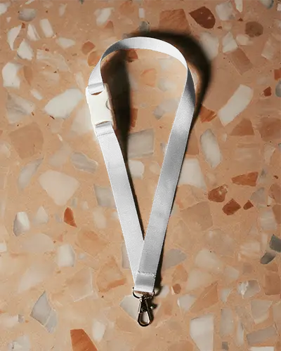 Soft Light Lanyard Mockup Blank V Style Strap On Natural Stone Patterned Floor