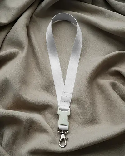 Soft Fabric Lanyard Mockup White Blank V Shape Strap On Neutral Draped Textile Background