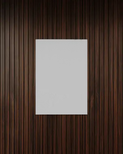 Vertical Poster Mockup On Wood Paneled Background For Clean Design Showcase