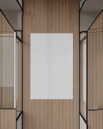 Vertical Striped Wall Poster Mockup With Architectural Glass Elements For Showcase Ideas