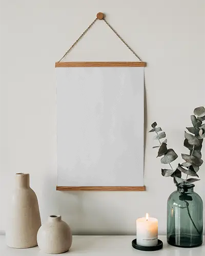 Minimalist Wall Poster Mockup Hanging On White Walls With Decorative Vases And Candle