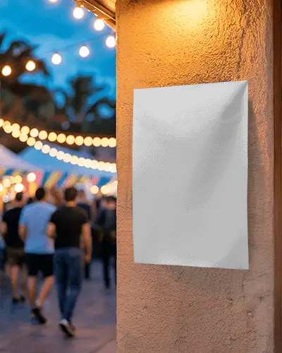 Urban Event Poster Mockup On Textured Wall With Festival Lights And Crowd Background