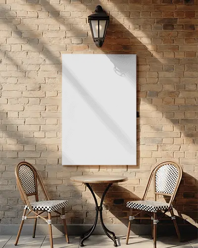 Rustic Brick Wall Cafe Scene With Checkered Chairs And Round Table With Poster Mockup