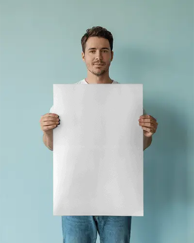 Man Holding Blank Poster Mockup For Creative Presentation And Advertisement