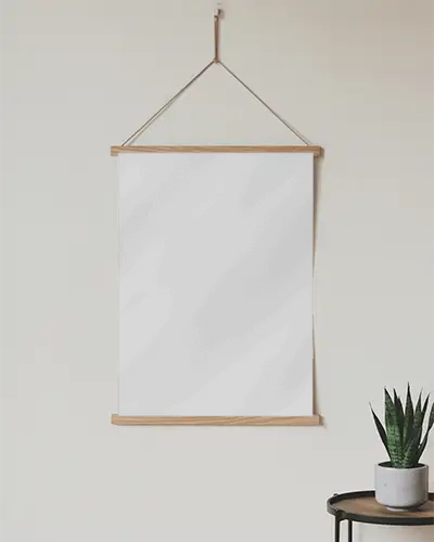 Blank Wall Poster Frame Mockup With Natural Wood Hanger And Small Plant Decor On Side