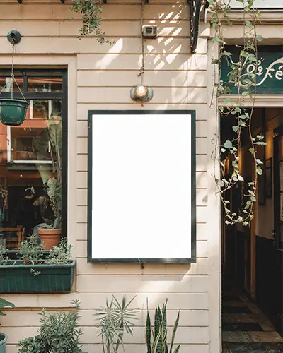 Outdoor Poster Mockup For Cafe Wall With Plant Decor And Natural Light Shadow