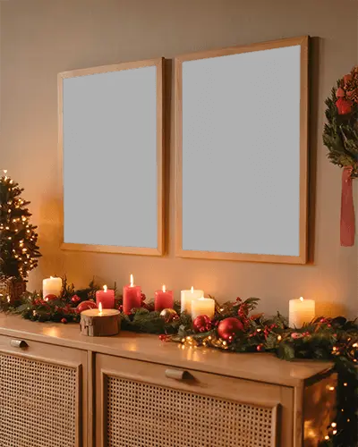 Cozy Christmas Poster Mockup With Candles Garland And Warm Festive Lighting