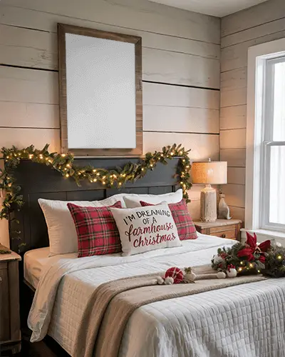 Rustic Bedroom Christmas Poster Mockup With Garland Pillows And Soft Natural Light