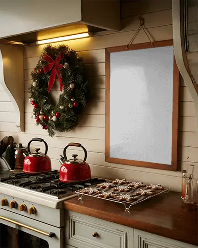 Cozy Kitchen Christmas Poster Mockup With Wreath Red Kettles And Holiday Cookies