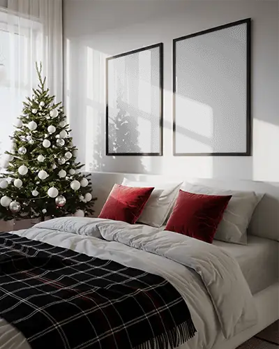 Minimalist Christmas Bedroom Poster Mockup With Tree And Red Pillows In Sunlight