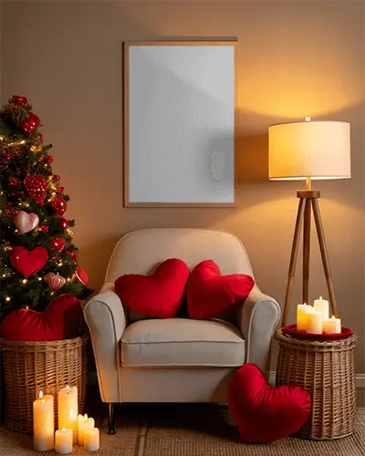 Cozy Christmas Living Room Poster Mockup With Red Hearts And Candlelight Glow