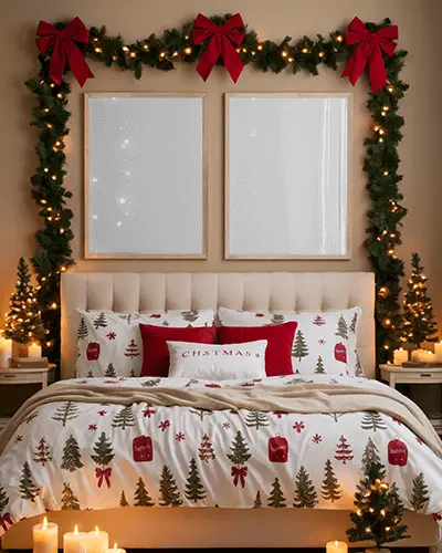 Cozy Holiday Bedroom Christmas Poster Mockup With Christmas Bedding And Soft Candle Glow