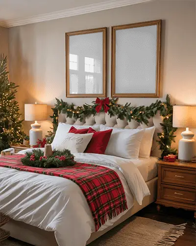 Elegant Christmas Bedroom Poster Mockup With Wreath And Red Blanket With Candles And Soft Glow