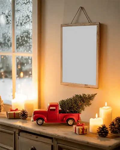 Cozy Christmas Poster Mockup With Red Truck Candles And Winter Window View Warm Candle Glow