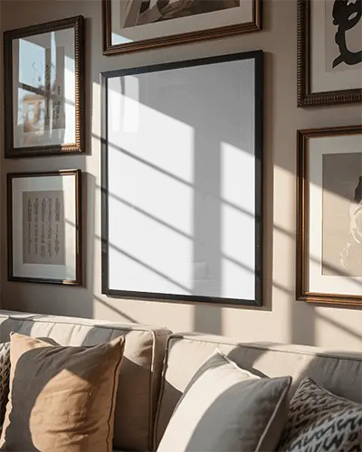 Modern Wall Art Poster Mockup In Living Room With Sofa And Pillows For Decor Ideas