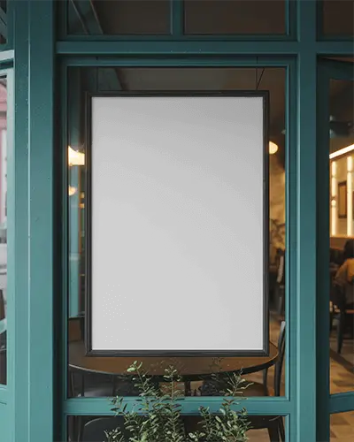 Vertical Poster Mockup Restaurant Window Display Urban Cafe Background Scene