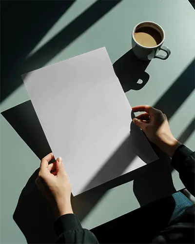 Hands Holding Blank Paper Poster Mockup On Table With Coffee Mockup For Design Preview