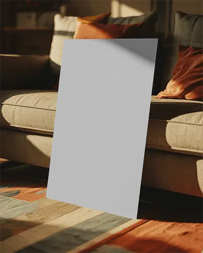 Modern Living Room Poster Mockup On Floor With Natural Light And Cozy Sofa Background