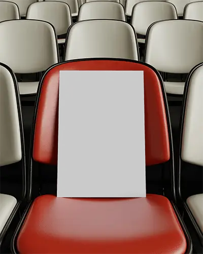 Poster Mockup On Red Retro Chair In Empty Conference Room Isolated Creative Template