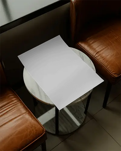 Modern Poster Mockup On Round Marble Table Between Leather Chairs Room Interior