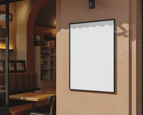 Blank Vertical Poster Mockup On Exterior Cafe Wall Realistic Business