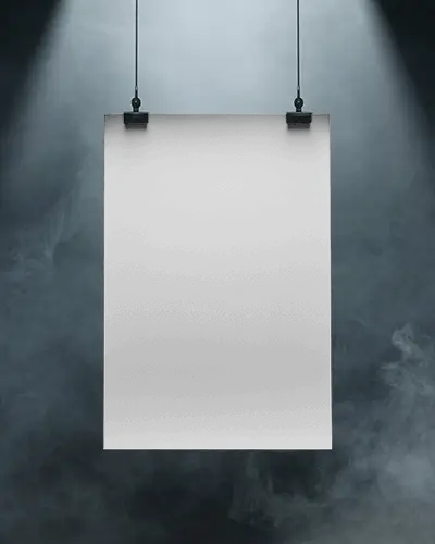 Vertical Poster Mockup On Dark Smoky Background With Hanging Clip Strings