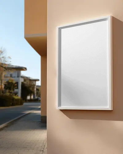 Blank Vertical Poster Mockup With Simple Frame On Outdoor Building Wall