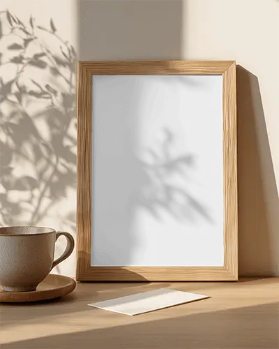 stylish-frame-poster-mockup-on-wooden-surface-with-delicate-leaf-shadow-and-cup-accessory