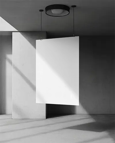 Modern Minimalist Poster Mockup Floating Hanging In Industrial Space With Natural Light