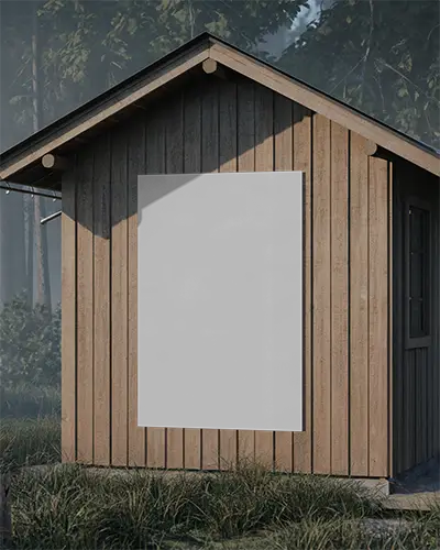 Outdoor Wooden Shack Wall Mounted Blank Poster Mockup For Advertisement Display
