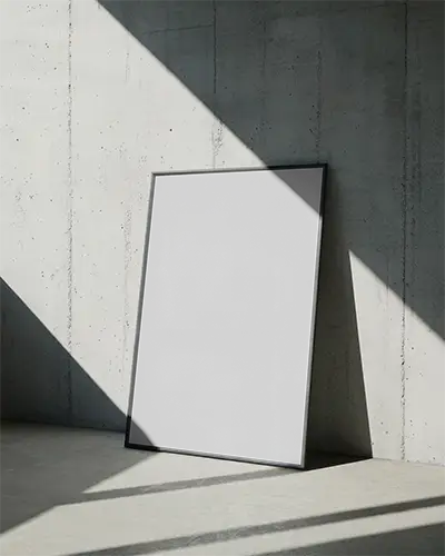 Modern Minimalist Poster Mockup Leaning Against Textured Concrete Wall In Stylish Light