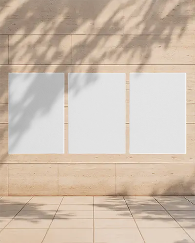 Realistic Three Poster Mockup Display On Modern Stone Wall Background For Presentation