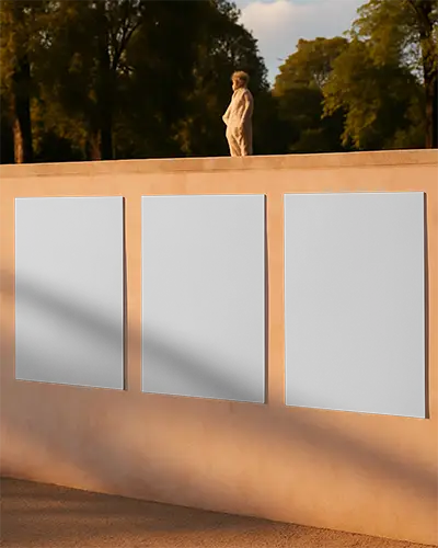 Outdoor Wall Poster Mockup With Three Blank Vertical Displays And Urban Background