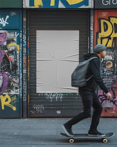 Realistic Street Poster Mockup On Textured Metal Panel Surrounded By Colorful Graffiti