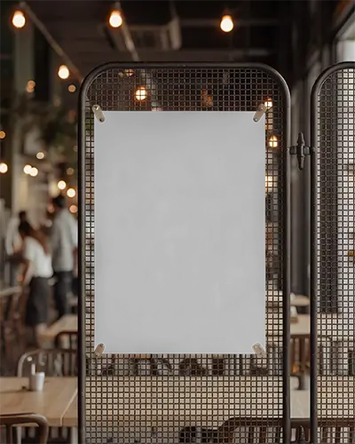 Cafe Interior Poster Mockup Hanging Metal Grid Cozy Warm Restaurant Environment Display