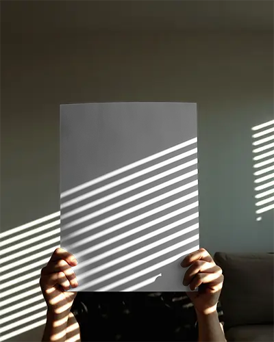 Dramatic Shadow Poster Mockup Person Holding With Striped Lighting Modern Artistic Aesthetic