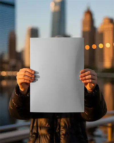 City Sunset Poster Mockup Held By Person Urban Skyline Background Evening Lighting Display