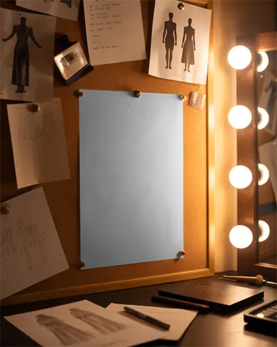 Fashion Studio Poster Mockup On Moodboard With Sketches Creative Designer Workspace Display