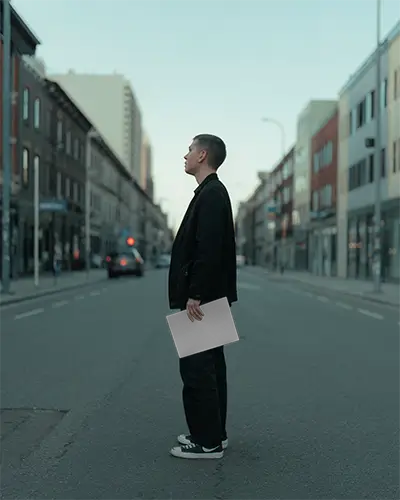 Outdoor Street Poster Mockup Person Standing In Urban City Road Minimal Fashionable Display