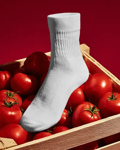 Crew Socks Mockup Placed In Produce Crate With Tomatoes Creative Editorial Style