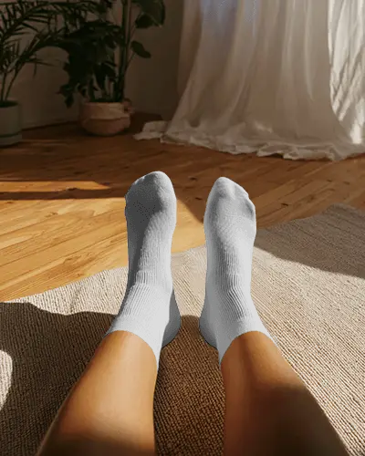 Crew Socks Mockup Feet Resting On Rug Relaxed Home Lifestyle Natural Light Casual Setting