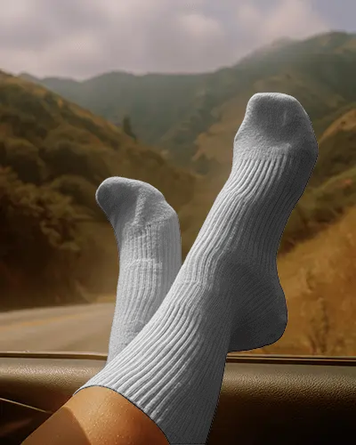 Crew Socks Mockup Feet Resting On Car Dashboard Road Trip Lifestyle Scene Travel Ambience