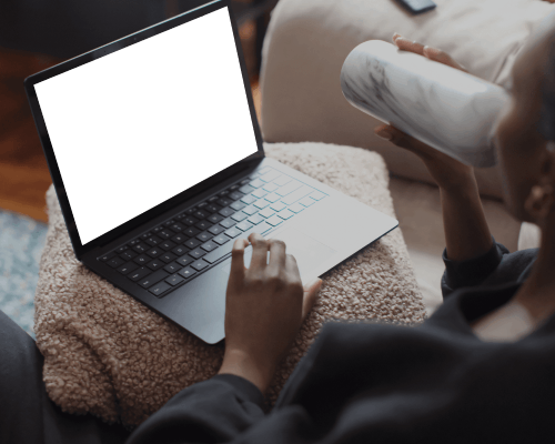 Laptop Mockup On Lap With Cozy Blanket And Coffee Mug