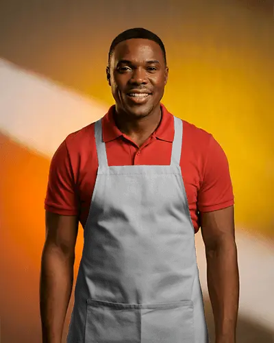 Studio Portrait Apron Mockup On Confident Model Front View Bold Lighting Clean Composition