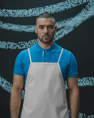 Futuristic Studio Apron Mockup Model With Graphic Background Pattern