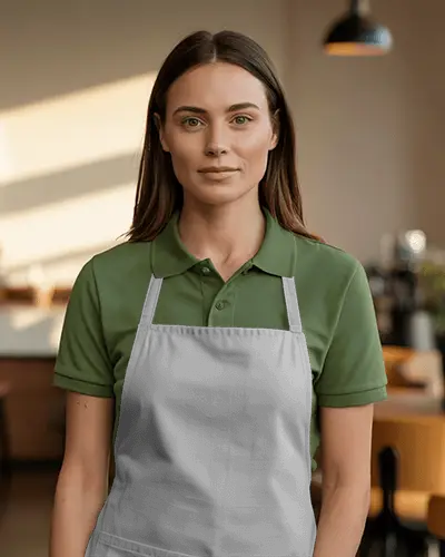 Professional Female Apron Mockup Front View In Modern Cafe Setting Soft Light And Natural Workflow